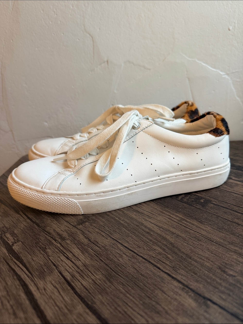 J. Crew White Leather Sneakers with Leopard Accent